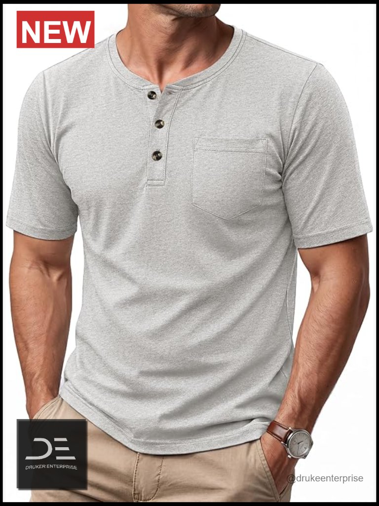 Men's Short Sleeve Henley Shirt Cotton Blend Pocket Tee Lightweight Casual